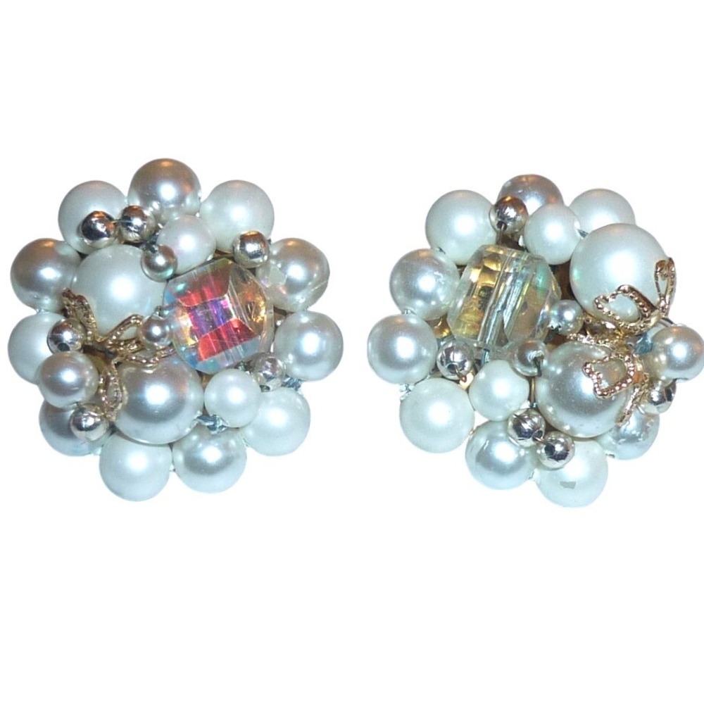 Vintage Japan Faux Pearl Aurora Borealis Crystal Cluster Clip On Earrings